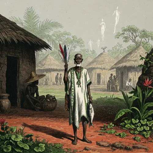 Ilustración en blanco y negro de un resumen de Ogbe Roso en una aldea africana con casas de adobe. Un sabio con túnica yoruba sostiene plumas y un pez a lo lejos, observado por una figura oscura y espíritus al fondo. Estilo grabado antiguo para el signo de Ifá Ogbe Roso