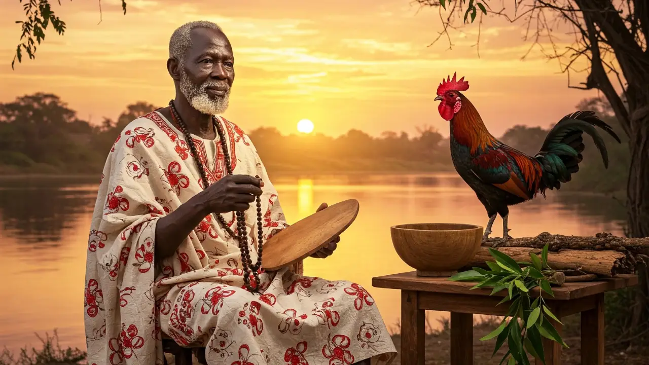 Imagen destacada Ogbe di Ogbe di, imagen representativa de un anciano yoruba con elementos religiosos