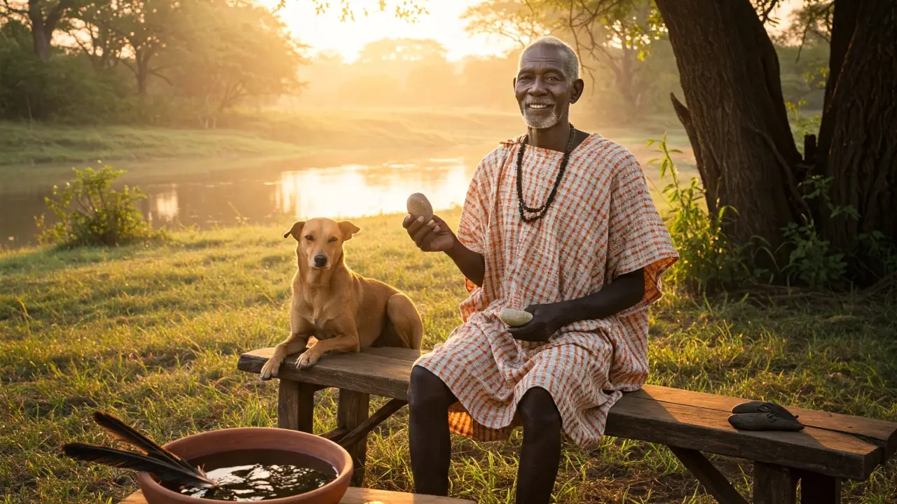 Img-destaca-Ogbe-Wale Anciano con túnica blanca y naranja, Ogbe Wale, signo de Ifá, perro y río al amanecer.