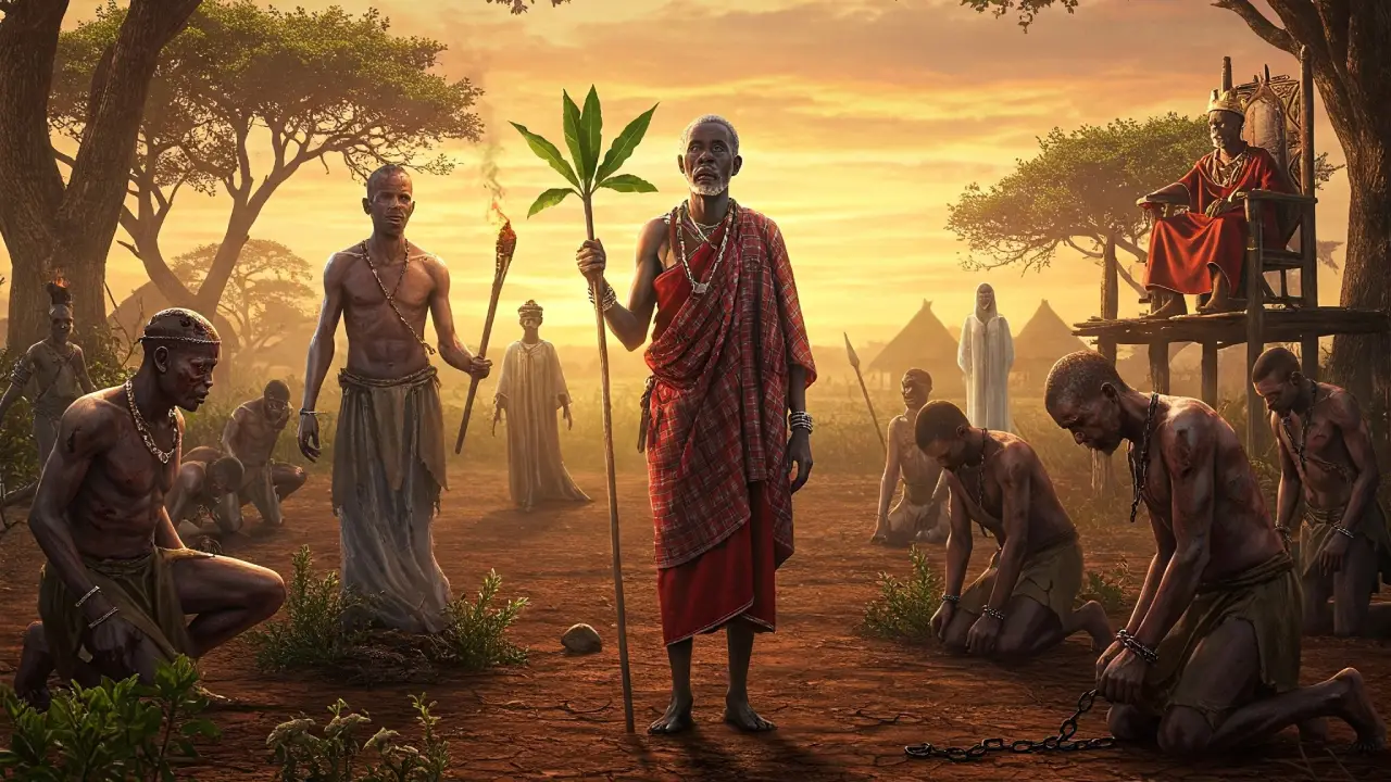Img-destacada-Ogbe-tumako Sabio anciano africano con túnicas blancas y rojas en una aldea al amanecer, sosteniendo un bastón y una hoja, en el centro de Ogbe Tumako. A su lado, un espíritu deforme con un tizón apagado y hombres redimidos con cadenas rotas, con una figura etérea del viento y un rey al fondo, bajo un cielo rojo y dorado, reflejando el destino de Ogbe Tumako