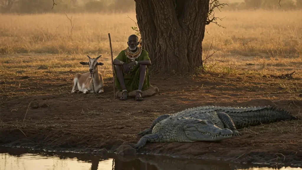 Img-destacada-Ogbe-yono Imagen representativa del signo ogbe yono, un anciano africano vestido de túnica verde, a su lados los animales representativos del signo Ogbe yono, el caimán y el chivo.