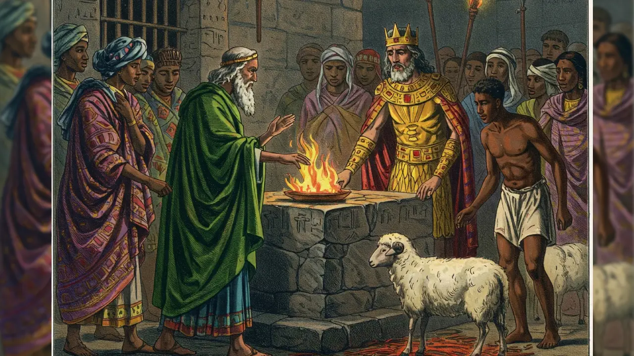 Ilustración del patakí de OGBE BARA con un altar de piedra, un rey africano angustiado, Orunmila con túnica verde y un carnero blanco en un reino antiguo.