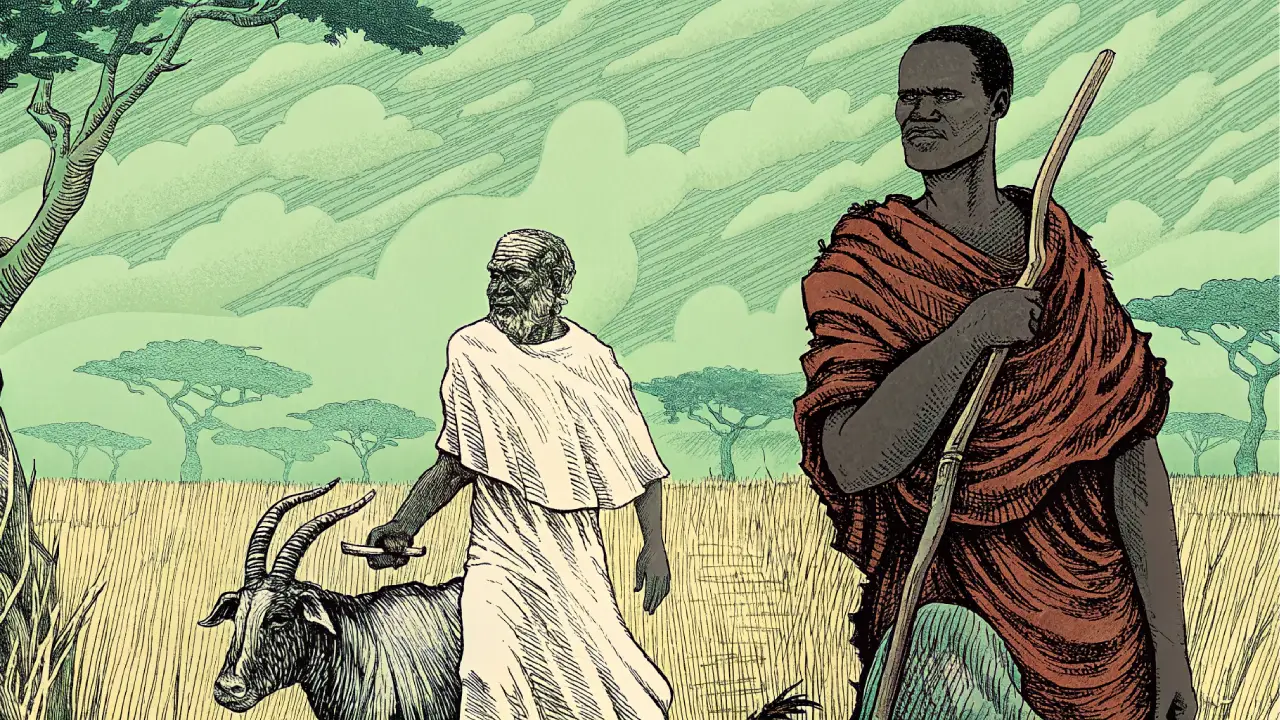 Hombre con túnica blanca y un anciano en capa oscura montando un chivo en un paisaje árido, patakie de Ogbe Bara