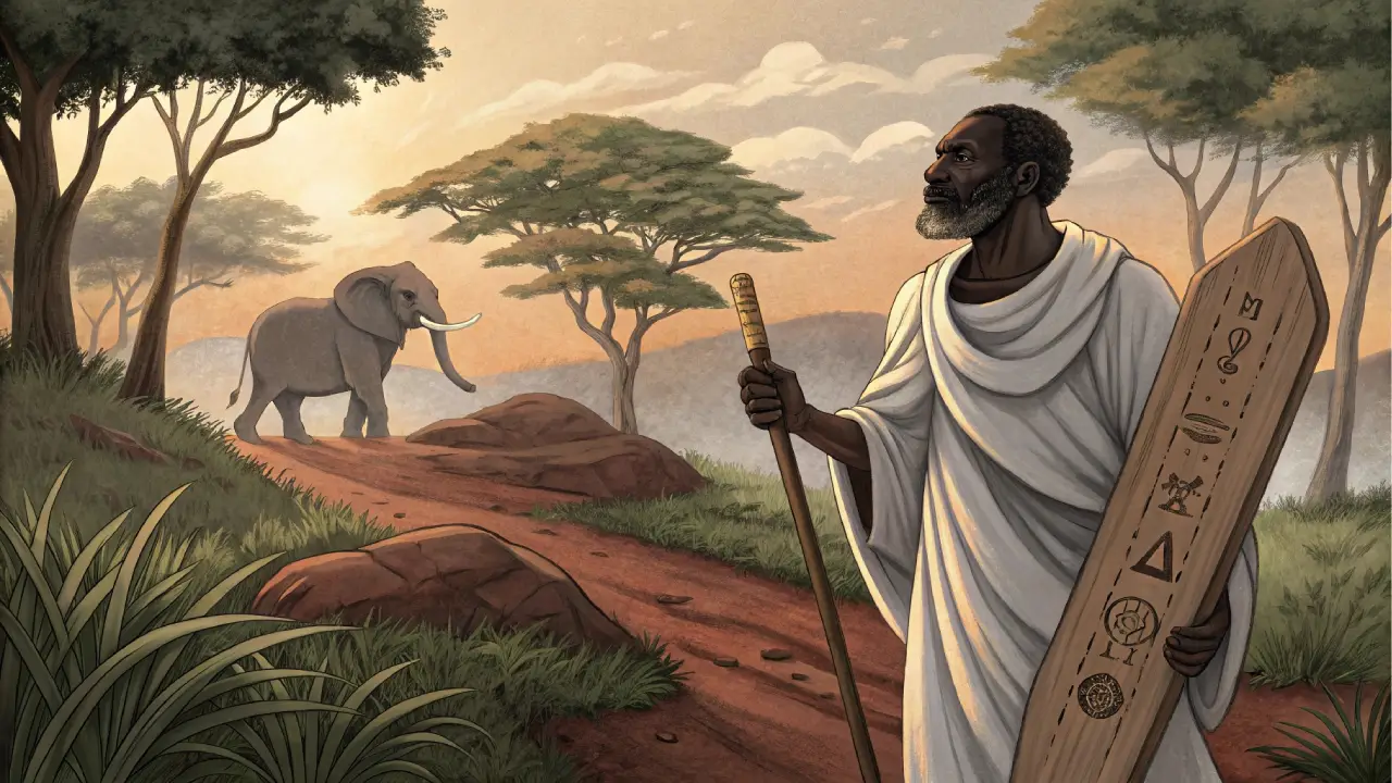 Patakies-Ogbe-Kana-Irofa-Opon Anciano sabio africano con túnica blanca sosteniendo el Irofá y el Tablero de Ifá junto a un elefante en un monte frondoso, simbolizando el nacimiento de la adivinación en el patakín de Ogbe Kana.
