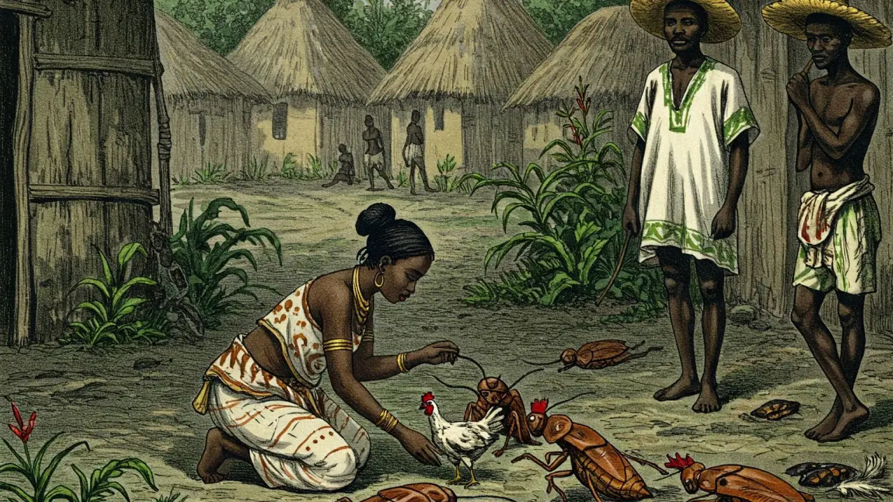 Dibujo tipo grabado antiguo de un patakí de Ogbe Roso en una aldea africana con casas de adobe. Una mujer con túnica yoruba sostiene una gallina pequeña frente a cucarachas con capas carmelitas, mientras un hombre en túnica blanca y verde observa y una figura oscura espera con plumas al fondo. Representación del signo de Ifá Ogbe Roso.