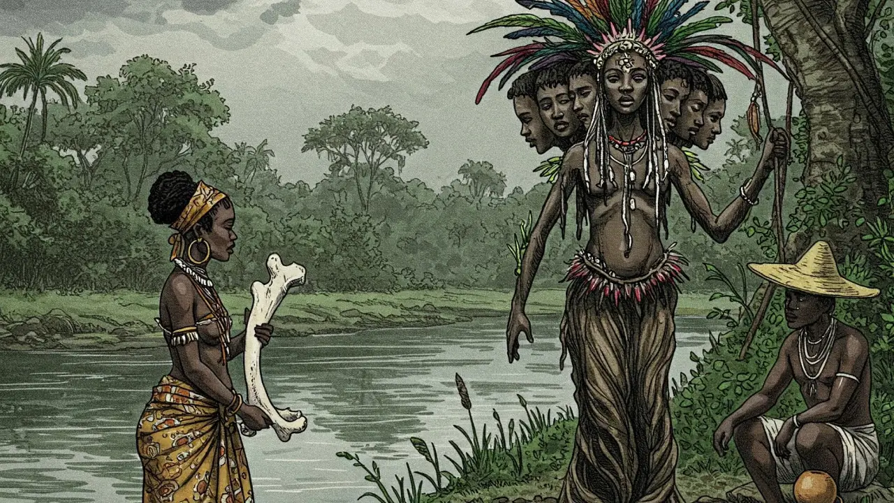Ilustración en blanco y negro de un patakí de Ogbe Roso junto a un río africano con selva espesa. Una mujer con túnica yoruba sostiene un hueso enfrentando a una figura con Múltiples cabezas, mientras una joven yace cerca del agua y una figura oscura observa con una jícara. Estilo grabado antiguo del signo de Ifá Ogbe Roso.