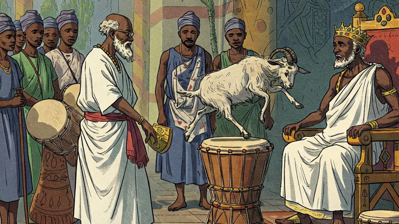 Patakies-Ogbe-Yono-Chivo-que-rompe-tambor Historia del signo Ogbe Yono, un chivo saltando sobre un tambor
