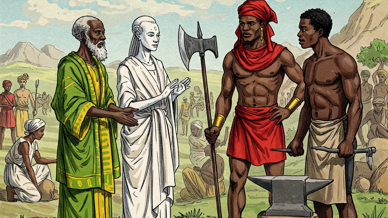 Patakies- Ogbe-Yono-Unificación-de-tierras Ilustración estilo grabado antiguo mostrando a un anciano sabio africano y una figura serena vestida de blanco encontrándose con un guerrero con un hacha y un herrero con herramientas en un paisaje diverso, simbolizando la unificación del mundo. Patakí de Ogbe Yono