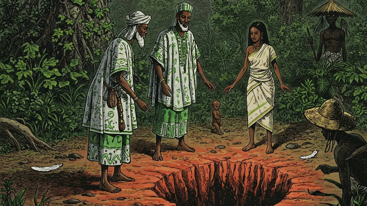 Ilustración en blanco y negro de un patakí de Ogbe Roso en un claro africano con vegetación tropical. Tres sabios con túnicas yoruba observan una grieta brillante en la tierra, mientras una mujer extiende las manos al borde y una figura oscura espera en la esquina con plumas esparcidas. Estilo grabado antiguo para el signo de Ifá Ogbe Roso.