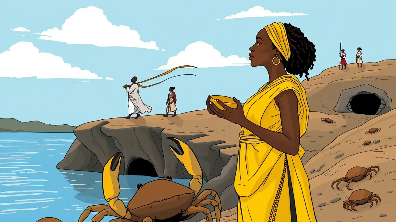 Patakies-Ogbe-sa-atemoleta patakí yoruba de Ogbe Sa: una mujer del río con miel enfrenta cangrejos en Onilekan, mientras un sabio, un guerrero y un guardián la rodean, bajo un cielo sereno y un río tranquilo
