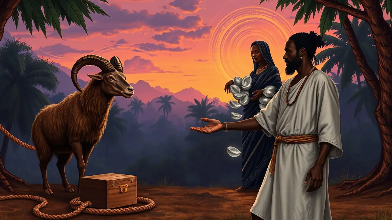 Patakies-Ogbe-sa-tres-amigos.traicionan Ilustración digital de un patakí yoruba de Ogbe Sa: un hombre recto con coco enfrenta la traición de un solo carnero con una caja, mientras una mujer de los vientos lo salva con manillas en un bosque al amanecer