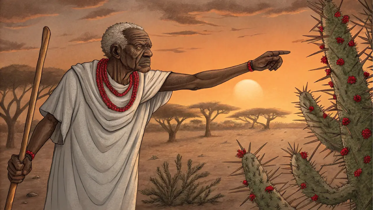 Patakies-ogbe-kana-tuna Anciano africano sabio con túnica blanca frente a una tuna brava con espinas en un desierto, representando el patakín del mal agradecido en Ogbe Kana.