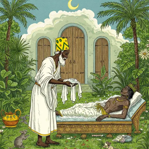 Sabio africano en Ogbe Ate con túnicas blancas y gorro amarillo-verde curando a la prosperidad con jabón, grabado antiguo celestial.