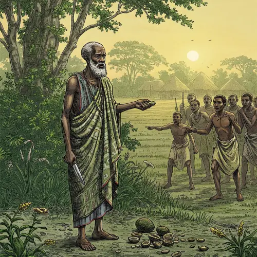 Patakin-Ogbe-ka-marcas-en-las-manos Ilustración de un anciano sabio africano en un entorno rural, rodeado de aldeanos con cicatrices en las manos, simbolizando la historia del signo Ogbe Ka y sus enseñanzas sobre justicia y consecuencias.