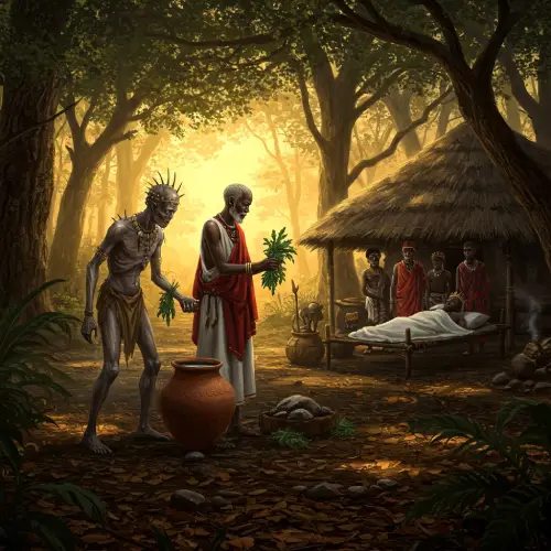 Patakin-Ogbe-tumako-Orunmila-aroni Sabio anciano africano en un bosque preparando agua bendita en una cazuela, frente a un espíritu deforme con un tizón apagado, en el patakí de Ogbe Tumako. Al fondo, un rey enfermo bajo un techo de paja, en un entorno africano al atardecer con luz cálida y árboles altos, reflejando el pacto de Ogbe Tumako