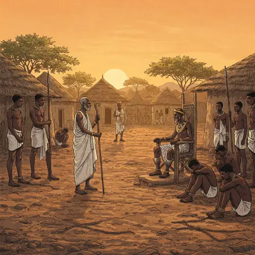 Patakin-Ogbe-tumako-Orunmila-hace-ifa-a-delincuentes Sabio anciano africano frente a un rey en un trono, pidiendo clemencia por prisioneros encadenados en una aldea al amanecer, en el patakí de Ogbe Tumako. Escena realista con chozas de adobe, guardias con lanzas y un cielo naranja, reflejando la redención de Ogbe Tumako