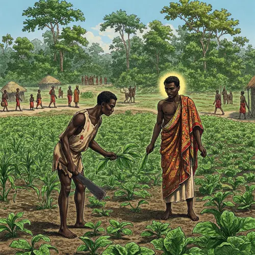 Patakin-Ogbe-tumako-el-destino-de-eziza Hombre humilde africano contemplando una hoja en una finca bajo el sol, frente al señor del viento con telas flotantes, en el patakí de Ogbe Tumako. Escena realista con campos verdes, un bosque al fondo y aldeanos en un sendero, reflejando la sabiduría de Ogbe Tumako.