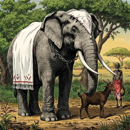 Patakin-ogbe-ka-la-cabra-y-el-elefante Ilustración de un elefante imponente junto a una cabra en un entorno rural africano, simbolizando la historia del signo Ogbe Ka sobre transformación y dedicación en los rituales.