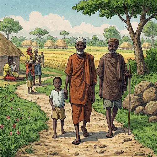 Patakin-ogbe-ka-no-se-pudo-pagar-la-deuda Ilustración de un sabio anciano africano guiando a un niño por un sendero rural, con un esclavo y una familia pobre al fondo, simbolizando la historia del signo Ogbe Ka sobre envidia, responsabilidad y justicia