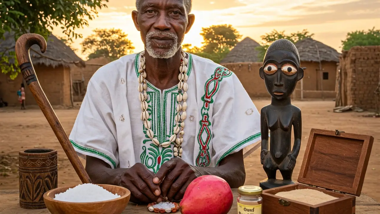Imagen-Destacada-de-Ogbe-Fun-Anciano-Sabio-con-Elementos-del-Signo Fotografía realista de un anciano africano sentado en una mesa de madera al amanecer, rodeado de elementos de Ogbe Fun como sal, una fruta rosada, jalea real y un collar de conchas, en un poblado africano con un cielo dorado.