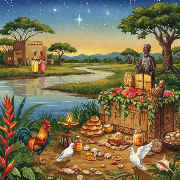 Imagen-Destacada-de-Oyekun-Piti-en-Pintura-Acuarela-Africana Imagen destacada de Oyekun Piti en estilo pintura digital acuarela, con un altar para Oshún y Shangó, un río africano, hiedra, gallos y palomas, lleno de detalles culturales vibrantes.