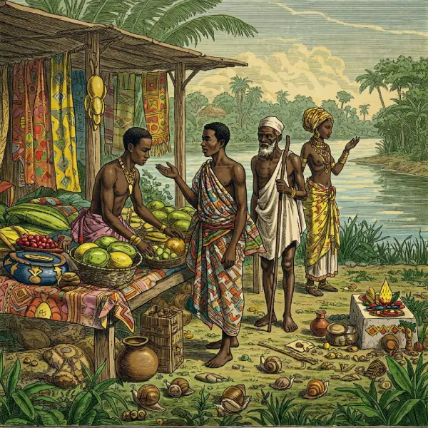 Patakí-de-Oyekun-Piti-El-Comerciante-Hijo-de-Oshún-en-el-Mercado Ilustración de Oyekun piti mostrando el patakí del Comerciante Hijo de Oshún, con un joven africano en un mercado vibrante y un anciano guía, en estilo grabado antiguo con colores vivos.