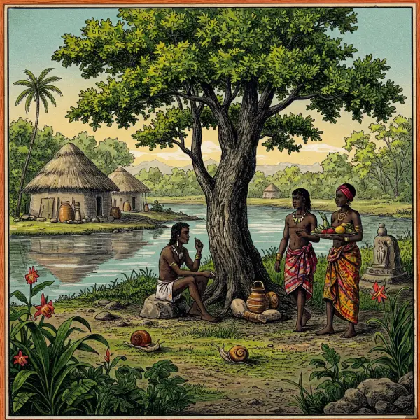 Patakí-de-Oyekun-piti-El-Comerciante-Hijo-de-Oshún-en-el-Mercado Ilustración de Oyekun Piti mostrando el patakí del Comerciante Hijo de Oshún, con un joven africano en un mercado vibrante y un anciano guía, en estilo grabado antiguo con colores vivos.
