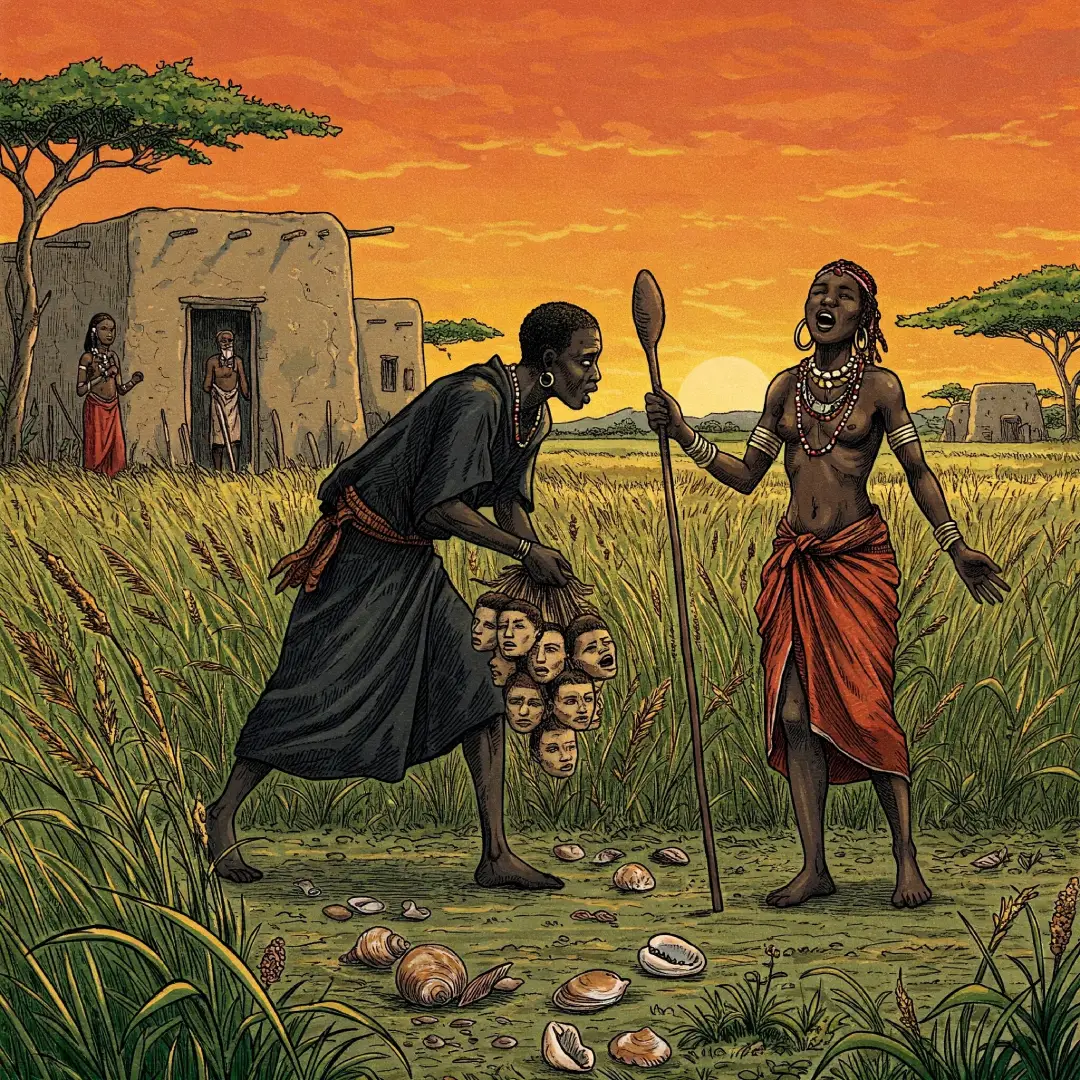 Patakie-de-Ogbe-Fun-La-Muerte-y-la-Enfermedad Ilustración en blanco y negro con colores vibrantes del patakí de Ogbe Fun 'La Muerte y la Enfermedad', mostrando una figura oscura huyendo ya una mujer africana con un collar de conchas en un campo al atardecer.