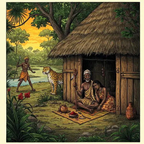 Patakin-Ogbe-Ella-El-Nacimiento-del-Tatuaje Ilustración en estilo grabado antiguo de Ogbe She mostrando el nacimiento del tatuaje, con un sabio africano marcando su piel con incisiones rojas, una mujer descansando en una choza tropical, y un rey huyendo de un leopardo místico bajo un sol brillante, en blanco y negro con toques de verde y rojo
