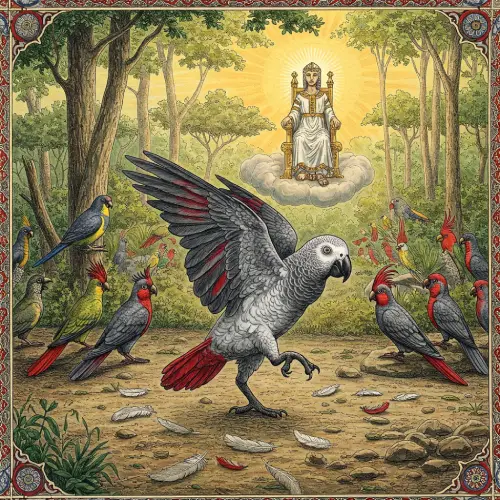 Patakin-Ogbe-She-Odide-el-Loro-Gris-y-su-Pluma-Sagrada Ilustración en grabado antiguo de Ogbe She mostrando a Odide, un loro gris africano con cola roja, bailando en un bosque tropical, sus plumas grises manchadas de oscuro, rodeado de aves en admiración, bajo la mirada de un rey celestial en su trono, en blanco y negro con toques de rojo.