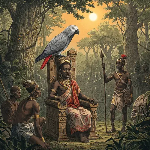 Patakin-Ogbe-She-Shango-y-el-Loro-que-Alegro-a-Olofin Ilustración en grabado antiguo de Ogbe She mostrando a un loro gris africano con cola roja sobre la cabeza de un rey feliz en un trono de madera, en un bosque tropical africano, con un guerrero en pie y figuras sombrías al fondo, en blanco y negro con toques de rojo y verde