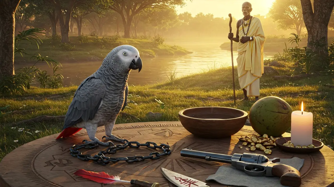 Portada-Ogbe-She-Elementos-Sagrados-del-Signo-en-un-Amanecer-Africano Fotografía realista de Ogbe She mostrando un loro gris africano con cola roja sobre una mesa de madera al amanecer, rodeado de una cadena, un cuchillo con marcas rojas, una pluma, un revólver, agua y semillas doradas, en un bosque africano con un anciano en túnicas al fondo, bajo un cielo dorado.