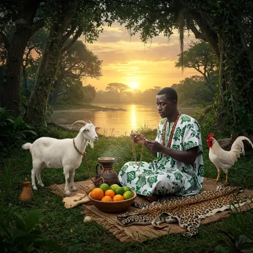 Imagen destacada de Oyekun Di, escena de un babalawo africano con ekuele, chiva, gallo y frutas en un bosque tropical, estilo fotográfico realista, representando la sabiduría y espiritualidad del signo de Ifá.