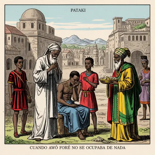 Ilustración que representa la historia completa de "Cuando Awó Foré No Se Ocupaba de Nada", mostrando a Obatalá, Awó Foré, Elegbara (Eshu) y Orunmila, así como la transformación de la tierra de Ayeré Lekun de la miseria a la prosperidad.