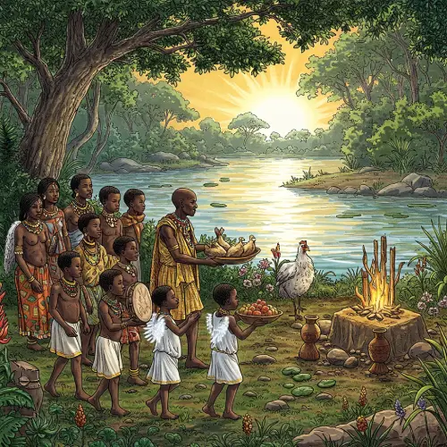 Patakí-de-Oyekun-Biroso-el-Camino-de-Oshún Ilustración en estilo grabado antiguo del patakí de Oyekun Biroso, mostrando un cortejo africano junto a un río con una deidad, niños, un sabio, gallinas y elementos culturales vibrantes.