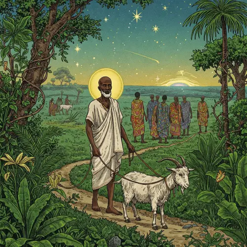 Ilustración de Oyekun Di, escena de un sabio africano guiando una chiva en un sendero tropical, grabado antiguo en blanco y negro con colores vibrantes, representando el patakí de la rebelión ante Olofin.