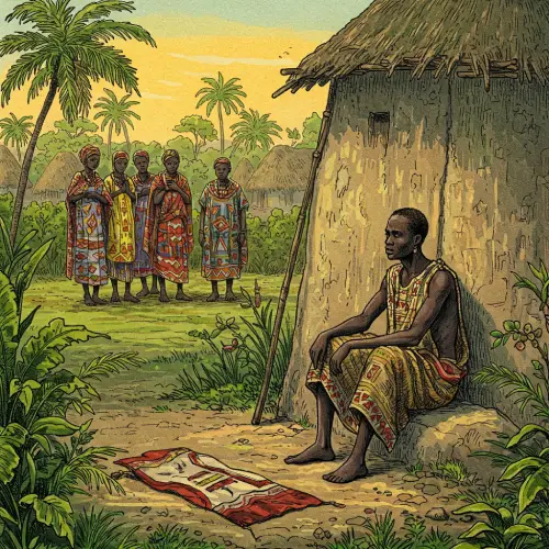 Ilustración de Oyekun Di, escena de un hombre africano frente a una casa con bandera caída, grabado antiguo en blanco y negro con colores vibrantes, representando el patakí del bochorno de Oye.