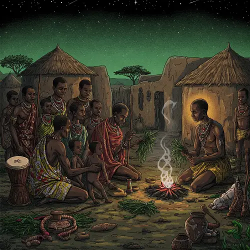 pataki-de-oyekun-biroso-el-camino-de-iku Ilustración en estilo grabado antiguo del patakí de Oyekun Biroso, mostrando un ritual africano en una aldea con un boticario, vecinos, una paloma, un carnero y elementos culturales vibrantes.
