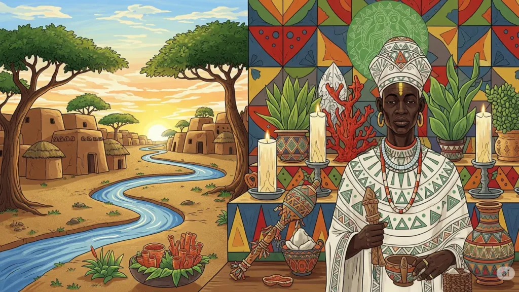 Imagen-Destacada-Oyekun-Peleka-Signo-de-Ifa Oyekun Peleka mostrando un babalawo africano en una aldea africana al amanecer, con altar, cascarilla, hierbas y maraca, en estilo ilustración estilizada de arte africano con patrones tribales y colores vibrantes.