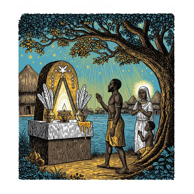 Patakie-de-Oyeku-Bara-la-obsesion-y-la-reconciliacion Oyekun Bara mostrando a un hombre africano frente a un altar con una lámpara, reconciliándose con su familia en una aldea.