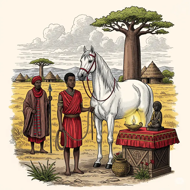 Título de la imagen_ Patakie-de-Oyekun-Bara-la-doma-del-caballo-indomable Ilustración de Oyekun Bara mostrando a un joven africano y un caballo blanco frente a un altar con una lámpara, simbolizando amarre y liberación espiritual.