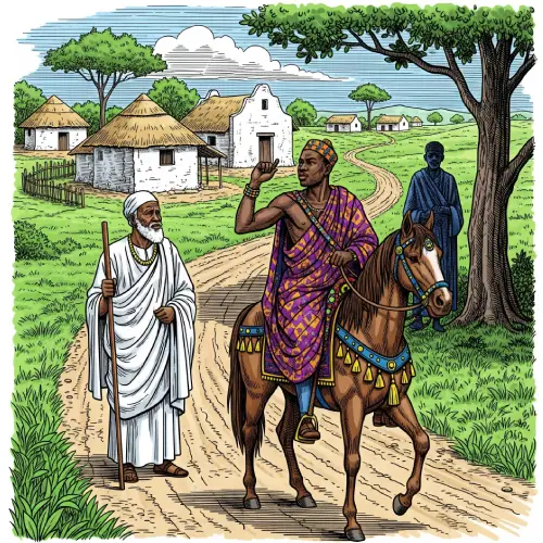 Oyekun Osa del patakie de Darico y su falta de respeto al sabio en un camino africano, en estilo grabado antiguo con colores vibrantes.