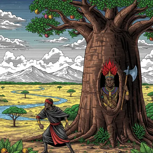Oyekun Osa mostrando el patakie de la guerra entre Eshu y Shango en un entorno africano espiritual con árbol protector y personajes africanos en estilo grabado antiguo con colores vibrantes.