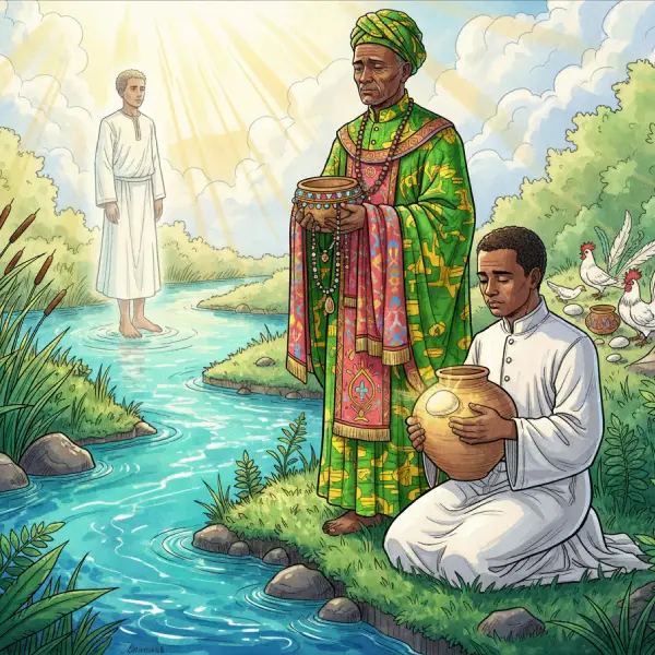 Ilustración del signo Oyekun Bika. Pataki de llevar al Iyawo al rio