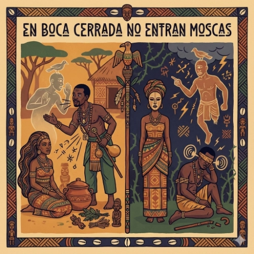 ilustración del pataki iwori yekun en boca cerrada no entran moscas