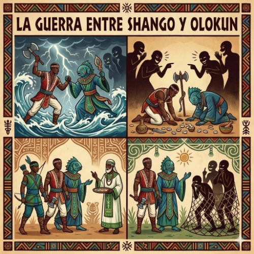 ilustración del patakí iwori yekun la guerra entre Shango y Olokun