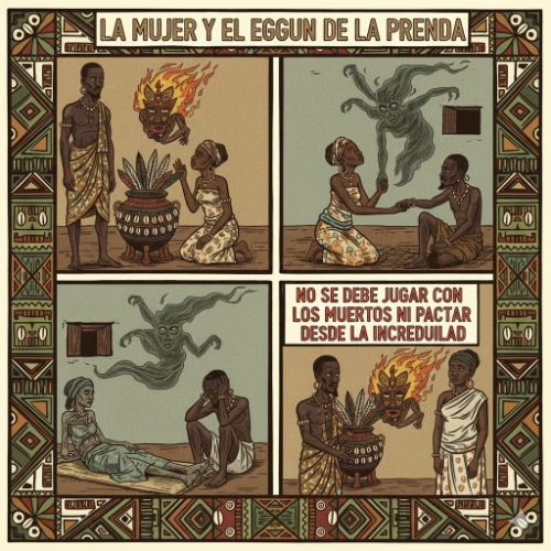 ilustración del patakí iwori yekun la mujer y el eggun de la prenda